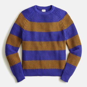 NWT J Crew Shaker Stitch Knit Chunky Heavy Fisherman Sweater, Purple Gold Stripe
